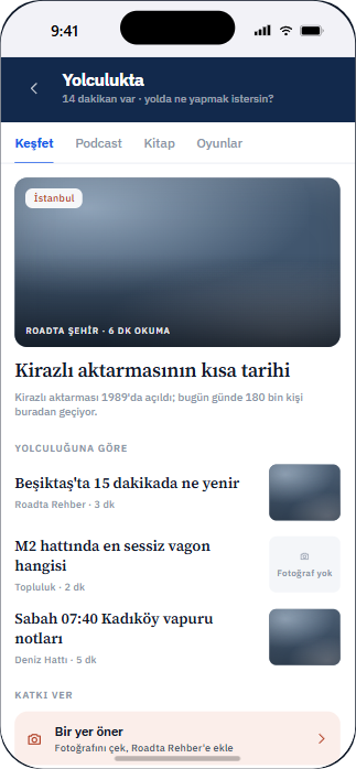 Yolculukta keşfet ekranı